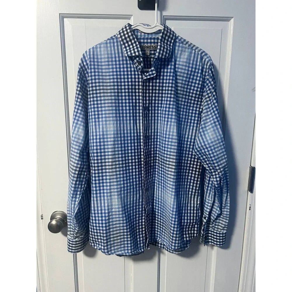 Express Mens Blue White‎ Gingham Check Long Sleeve Button Up Dress Shirt Large - Picture 2 of 5